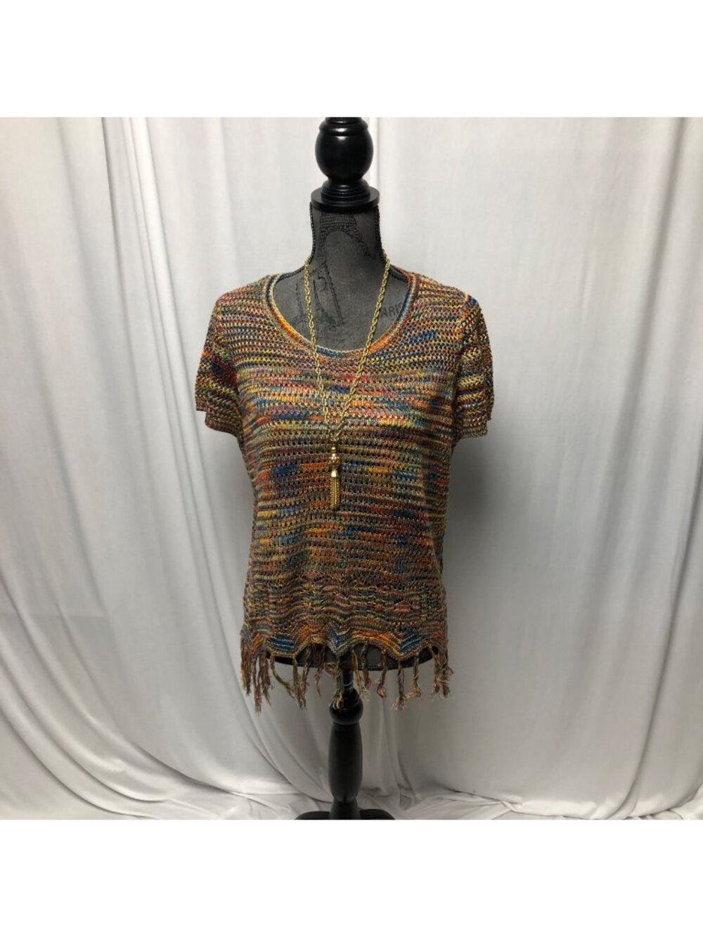 John Paul Richard Knit Top Womens Size Large Fringed Short Sleeve Sweater